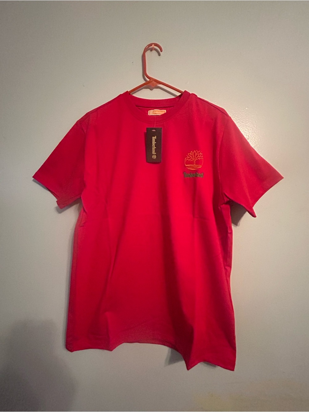 Timberland Red Short-Sleeve Crewneck T-Shirt with Chest Tree Logo